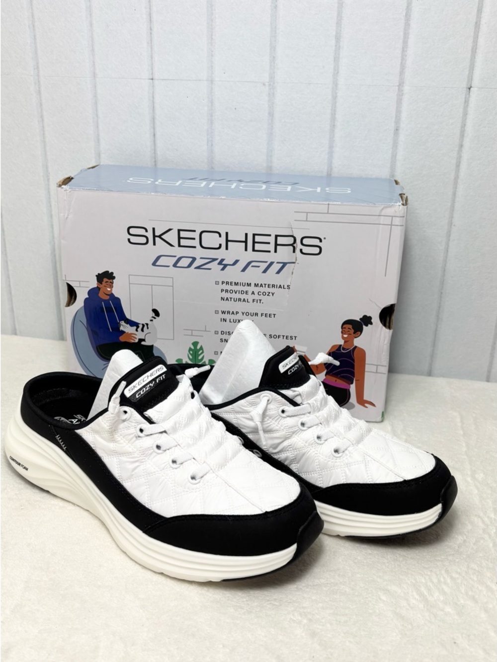 Skechers Contour Foam Sweet Embrace Cozy Fit White Black Quilted Slip-On Sneaker